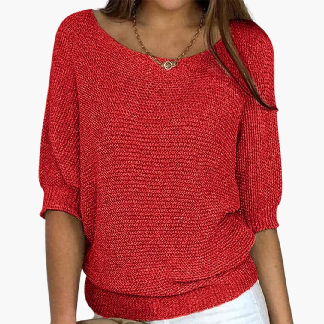 Women's cozy loose fit knit sweater round neck ribbed hem mid-length sleeves casual everyday wear