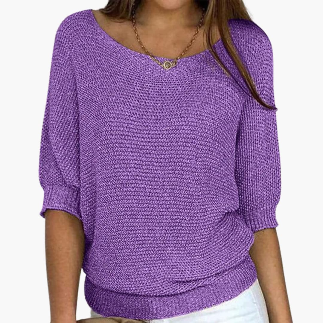 Women's loose fit cozy knit sweater round neck ribbed hem mid-length sleeves casual everyday wear