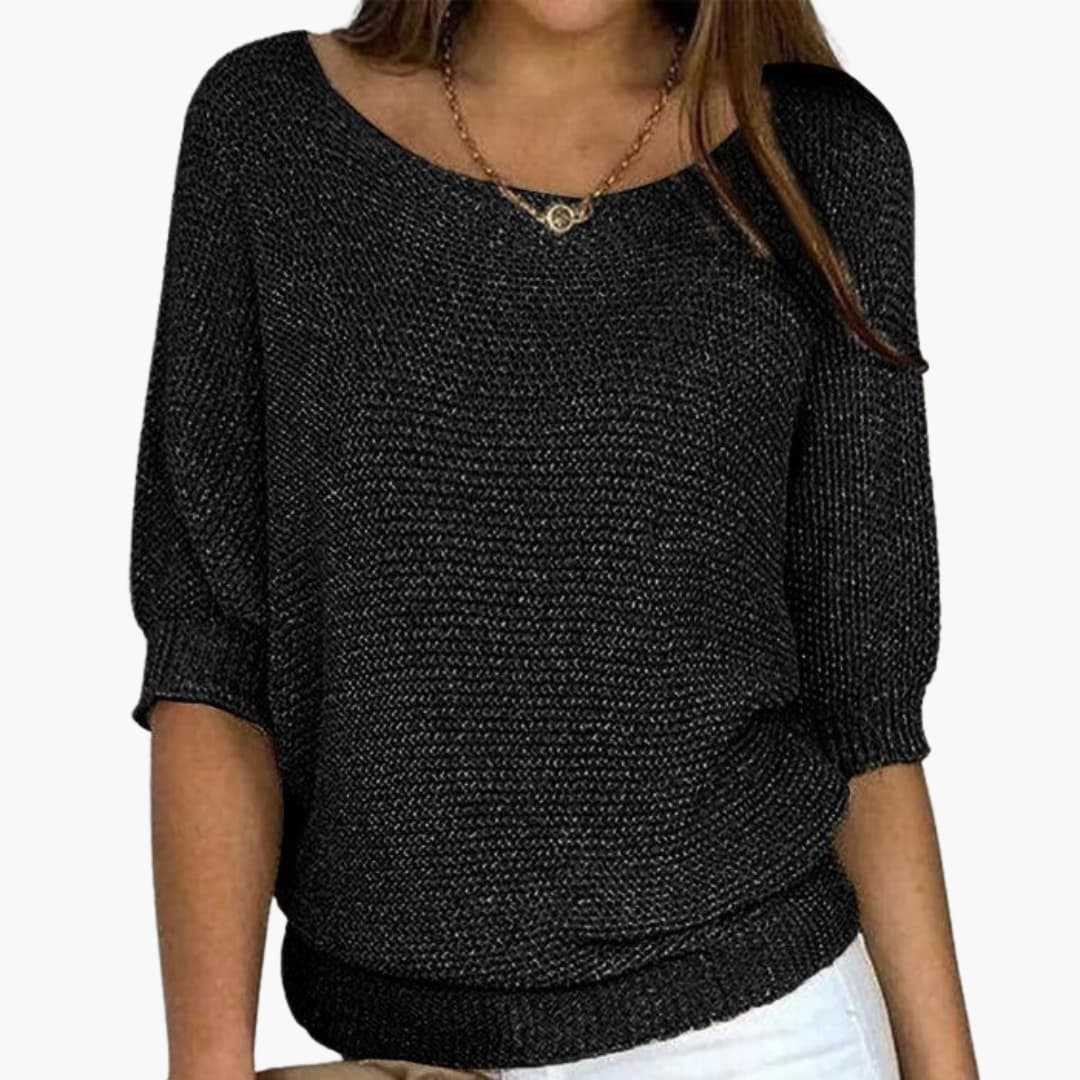 Women's cozy knit sweater round neck loose fit ribbed hem mid-length sleeves casual everyday