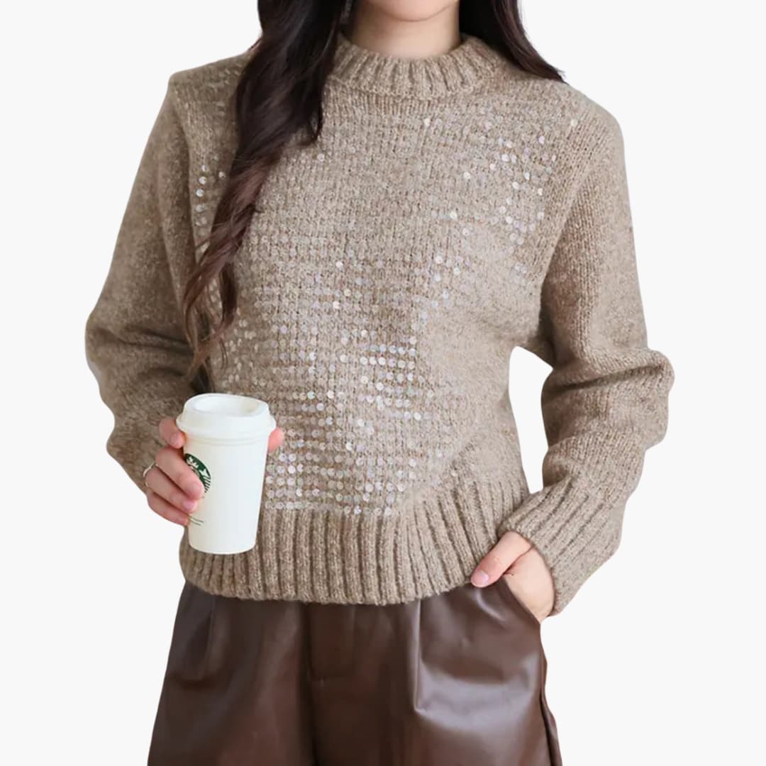 Women's textured knit sweater round neckline wide sleeves sequined accent elegant casual style