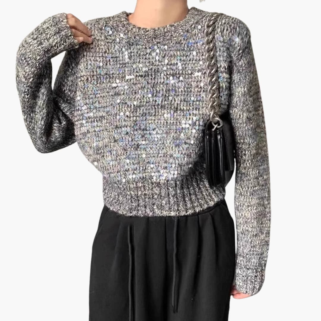 Women's textured knit sweater round neckline wide sleeves sequined accent elegant everyday wear