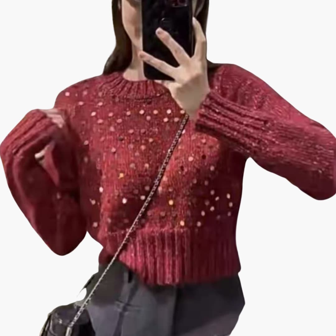 Women's textured knit sweater round neckline wide sleeves sequined accent relaxed elegant fit