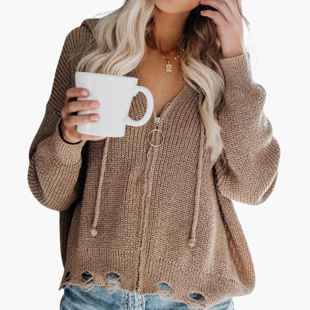 Women's relaxed-fit textured knit sweater with V-neck zip closure for everyday cozy style