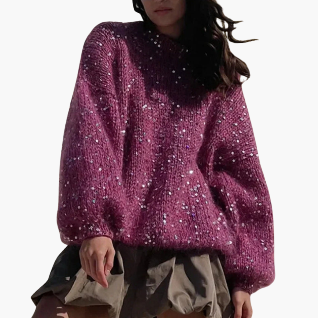 Women's cozy knit sweater wide sleeves thick reflective surface round neckline relaxed fit