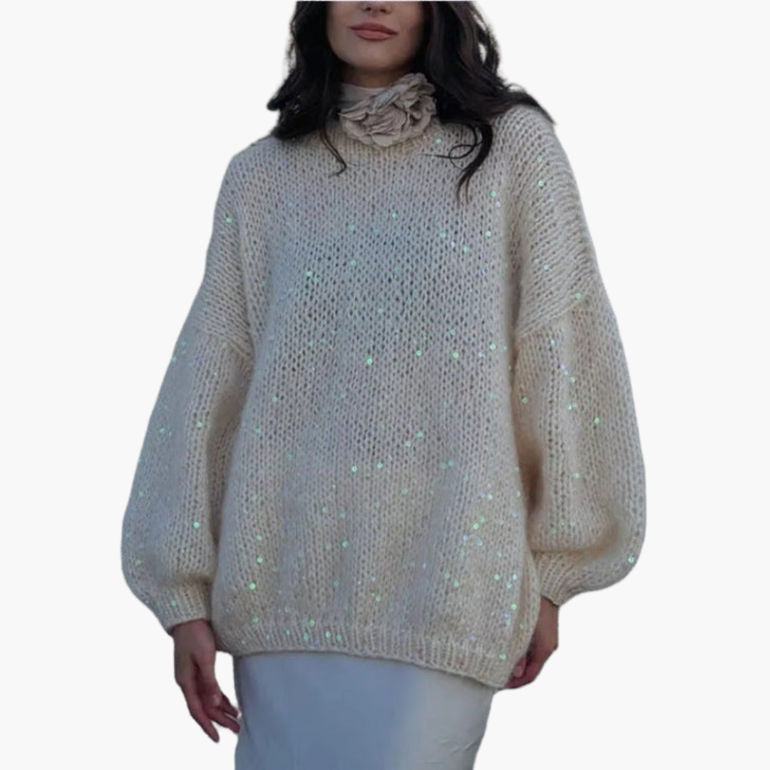 Women's cozy knit sweater wide sleeves thick reflective patterned surface round neckline relaxed fit