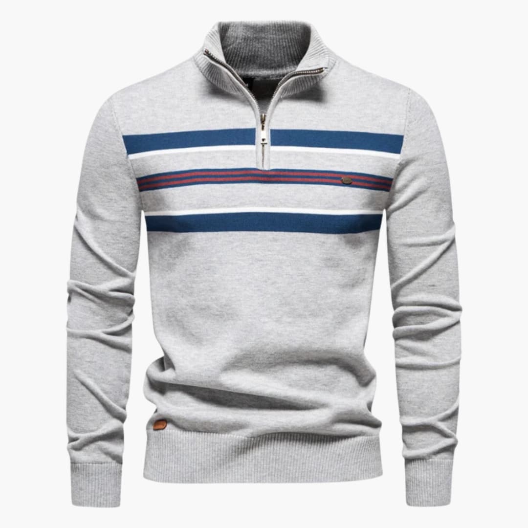 Men's half-zip striped knit sweater with ribbed stand-up collar, casual smart layering style