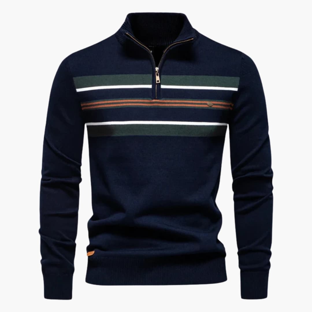 Men's half-zip striped knit sweater with ribbed stand-up collar, casual smart style for layering