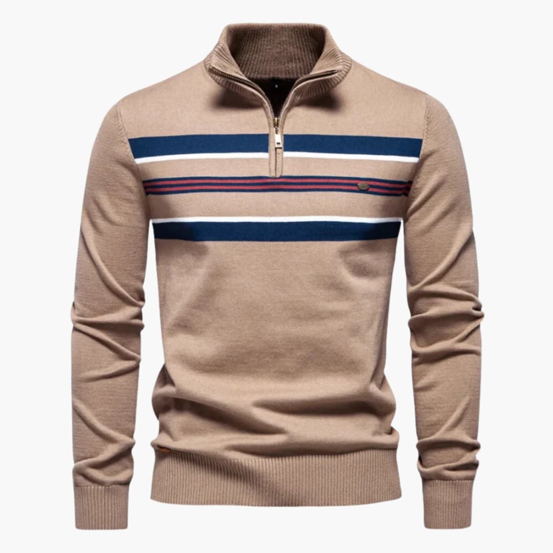 Men's half-zip striped knit sweater with stand-up collar, smart-casual style with contrasting chest stripes