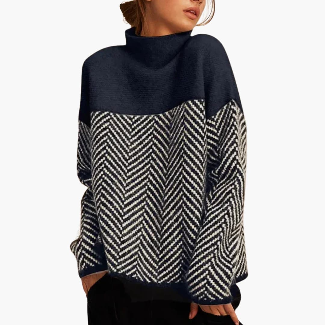 Women's two-tone chevron knit sweater, loose fit mock neck with high funnel collar