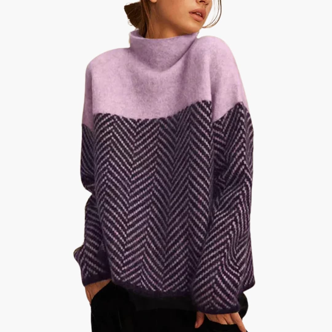 Women's two-tone chevron knit sweater, loose fit mock neck with high funnel collar