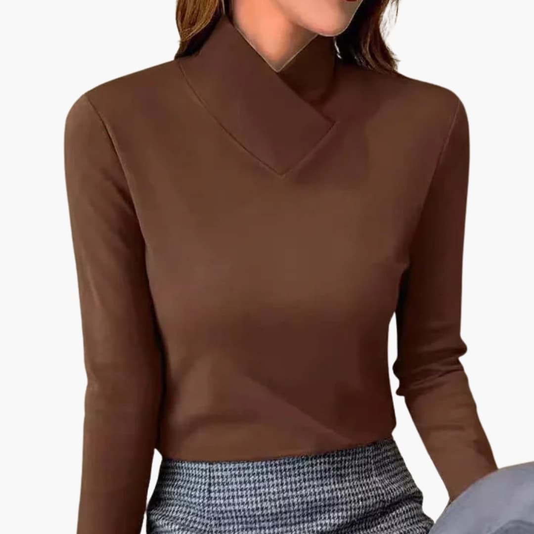 Women's fitted wrap neck knit sweater with cross collar long sleeves for flattering silhouette