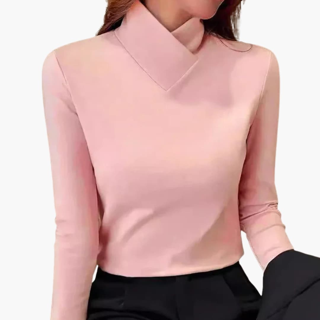 Women's fitted wrap-neck knit sweater with cross collar long sleeves for a flattering silhouette