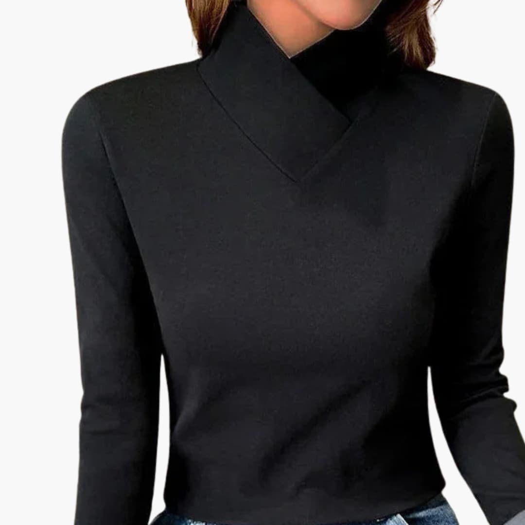 Women's fitted wrap neck knit sweater with cross collar long sleeves for flattering silhouette