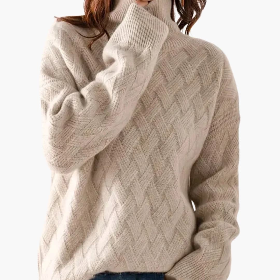 Women's cable knit turtleneck sweater with ribbed stand-up collar, textured pattern, everyday style