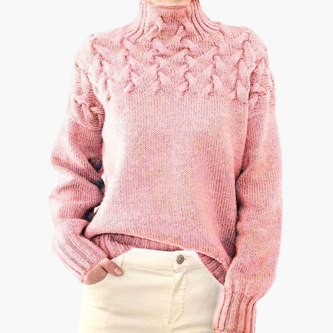 Women's ivory cable knit sweater with high neck, twisted pattern upper body, and structured stand-up collar