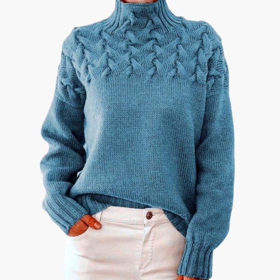 Women's ivory cable knit sweater with high neck, twisted pattern detail, and structured ribbed stand-up collar