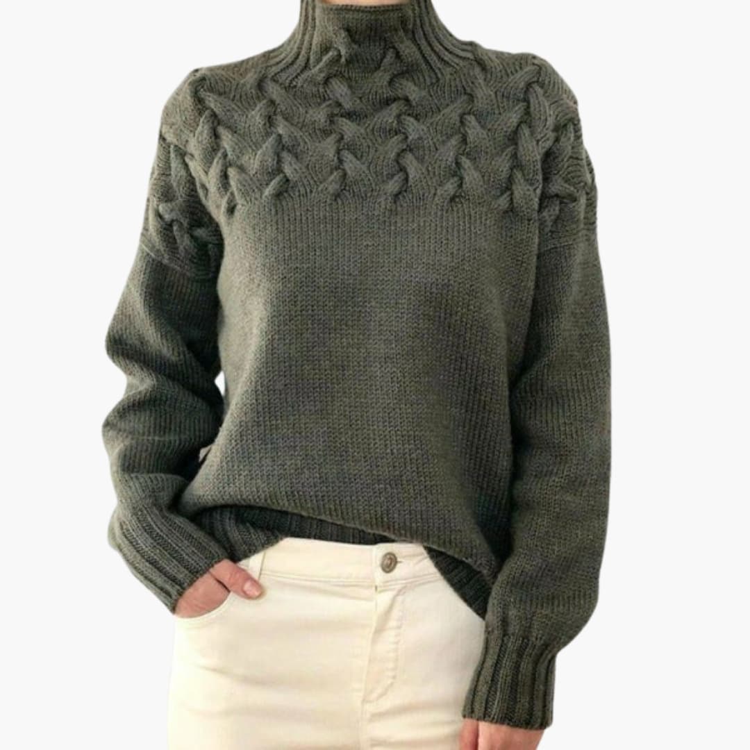 Women's ivory cable knit sweater with high neck, twisted pattern upper, and structured stand-up collar