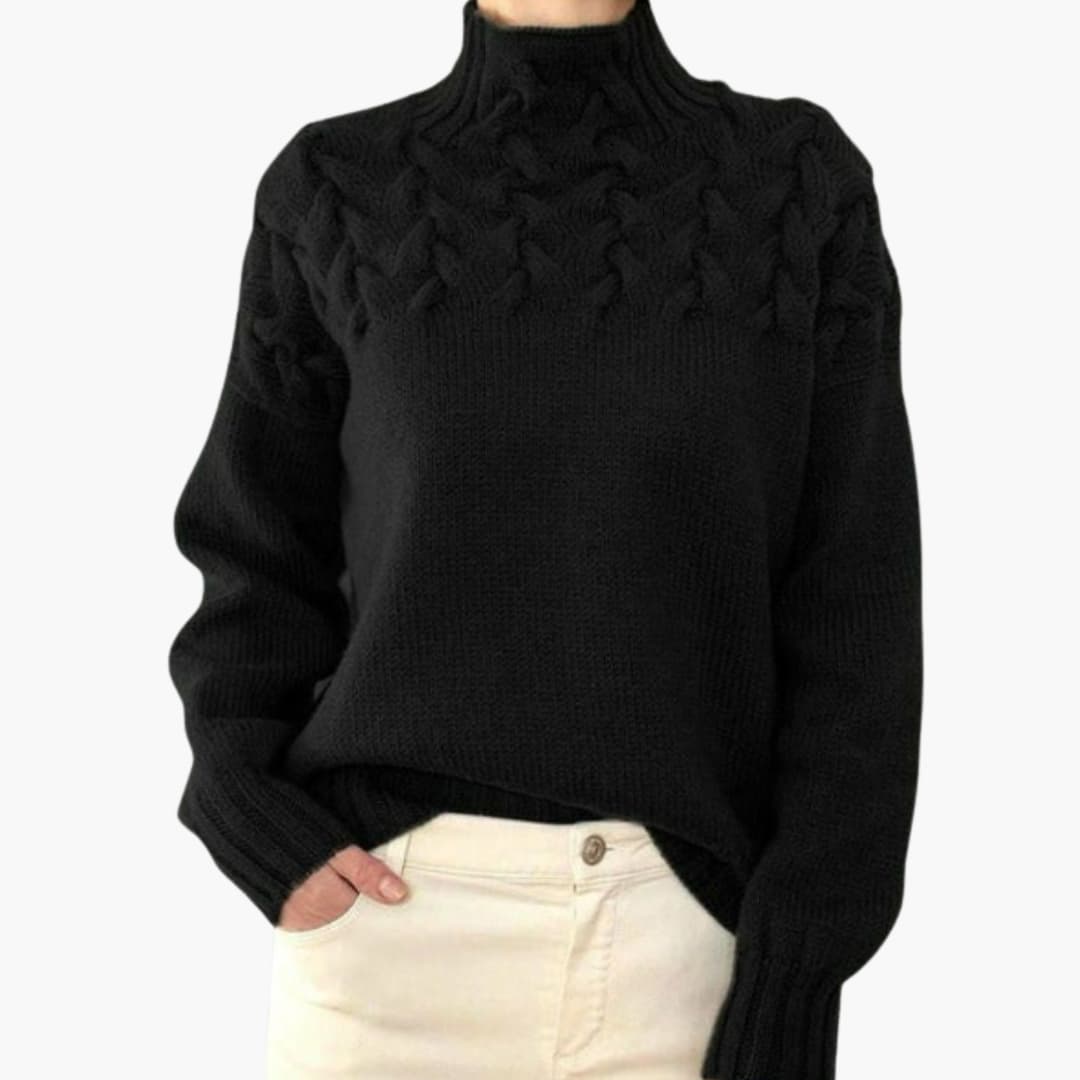 Women's ivory cable knit sweater with high neck, twisted pattern upper, and structured stand-up collar