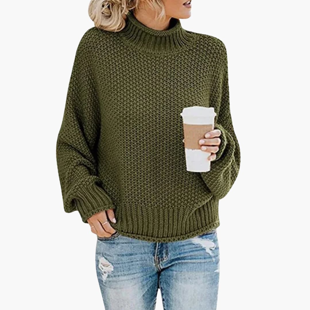 Women's beige textured knit sweater stand-up collar ribbed edges loose fit everyday comfort