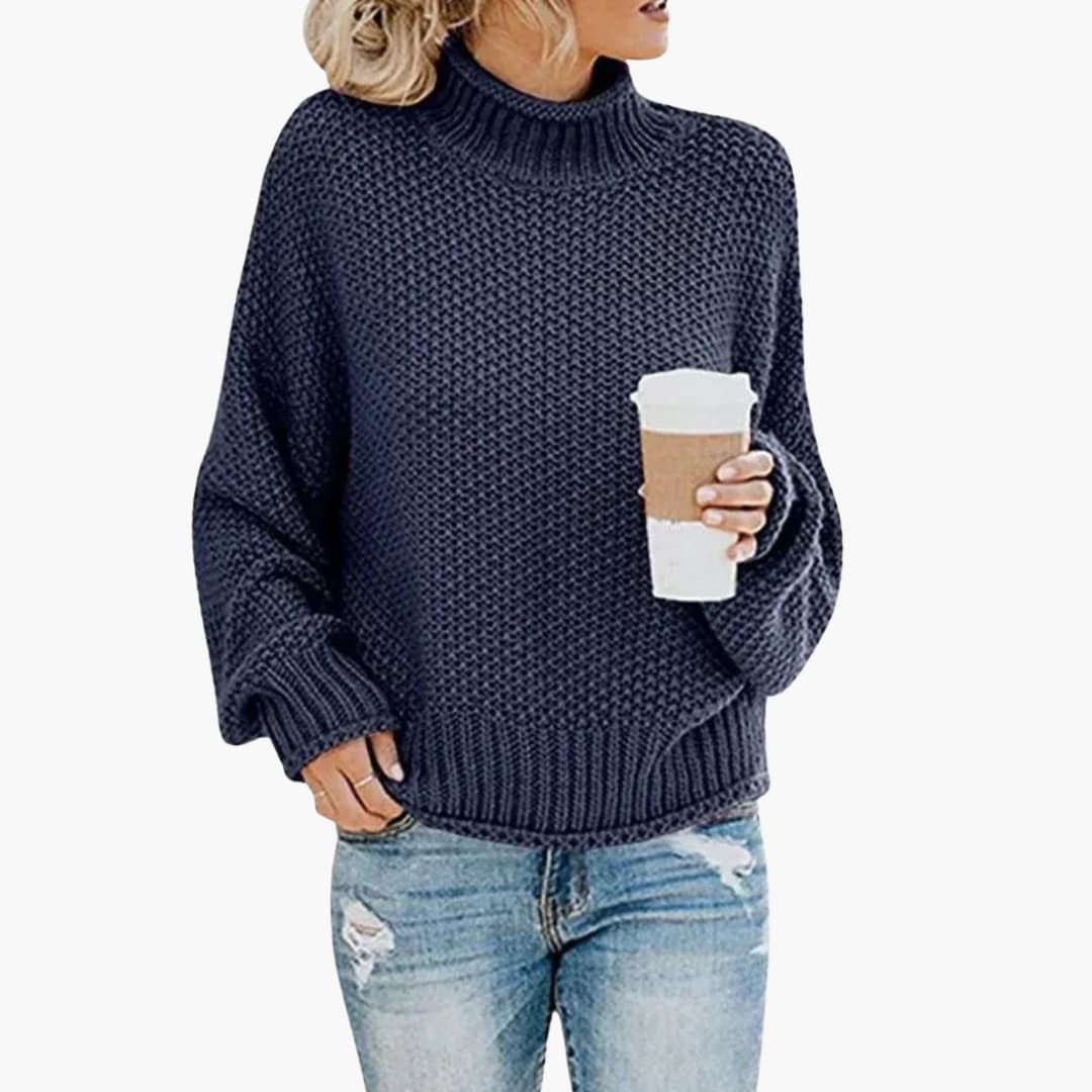 Women's beige textured knit sweater stand-up collar ribbed edges loose fit everyday style