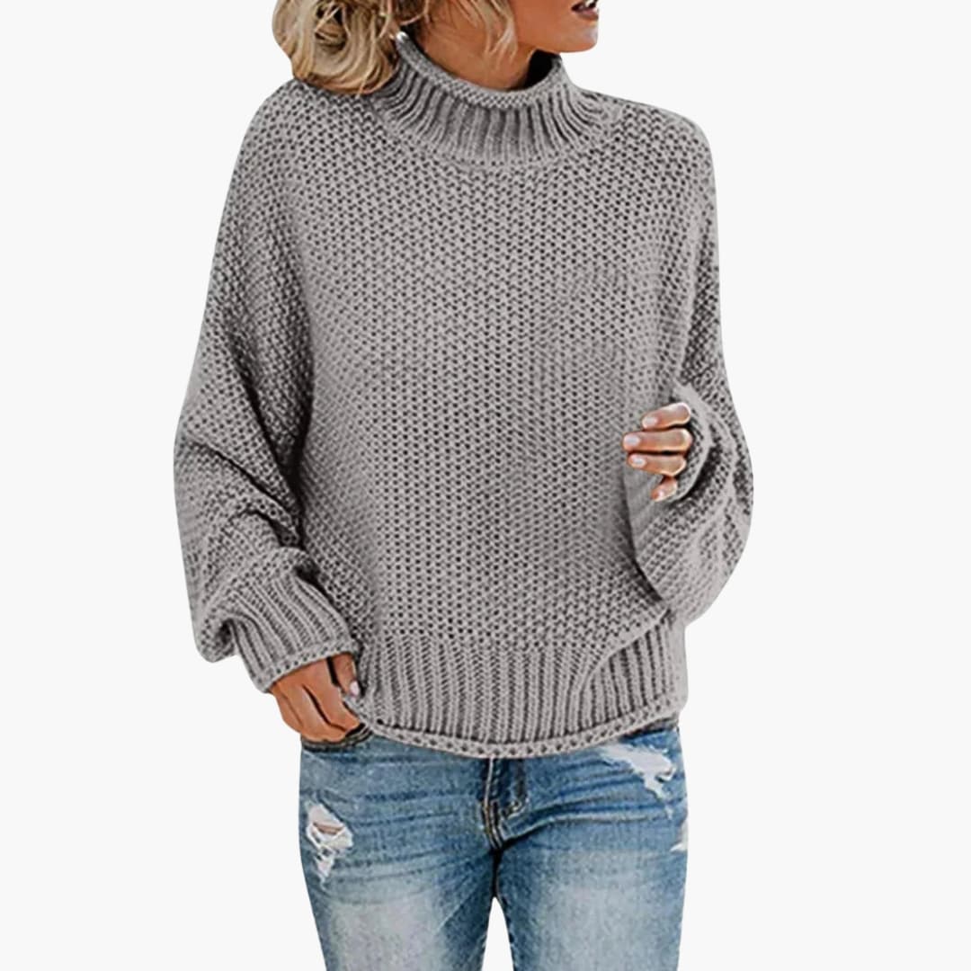 Women's cream textured knit sweater stand-up collar ribbed edges loose fit everyday style
