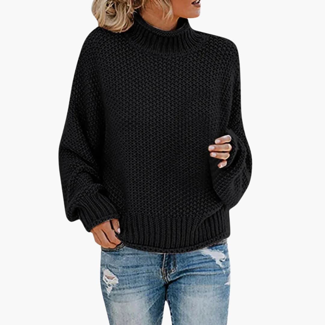 Women's beige textured knit sweater stand-up collar loose fit ribbed edges everyday style