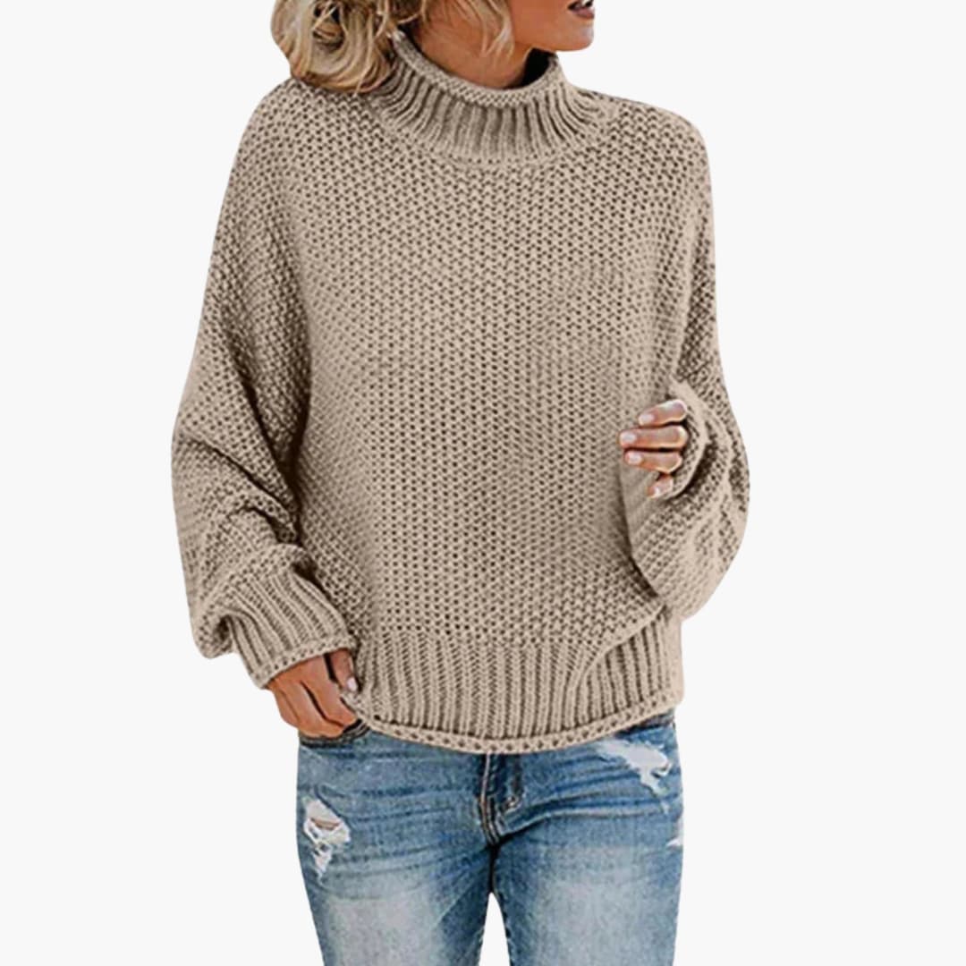 Women's cream textured knit sweater loose fit stand-up collar with ribbed edges everyday style