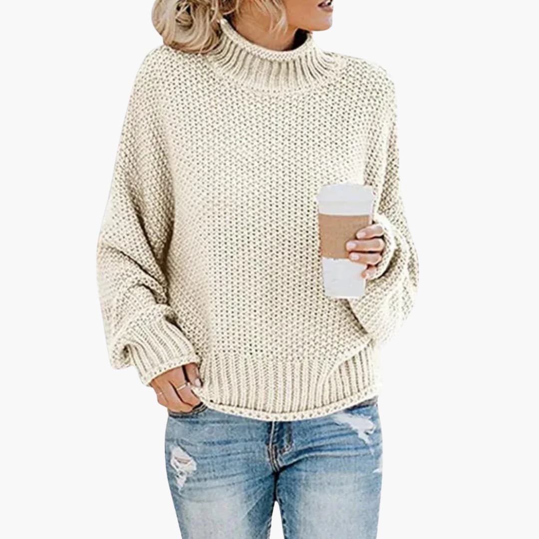 Women's cream ribbed stand-up collar sweater with textured knit and loose relaxed fit