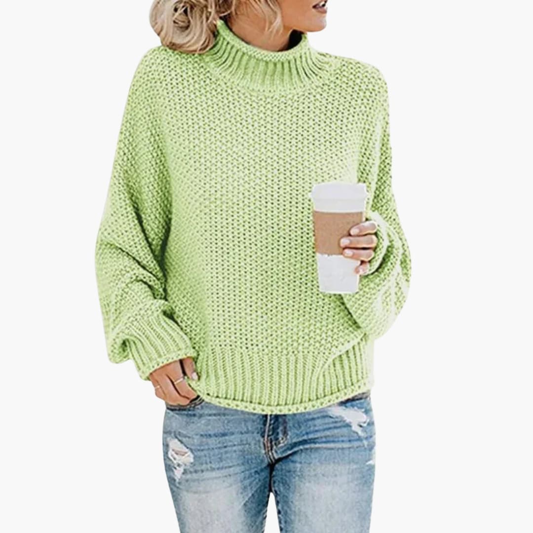 Women's cream textured knit sweater loose fit stand-up collar with ribbed edges everyday style