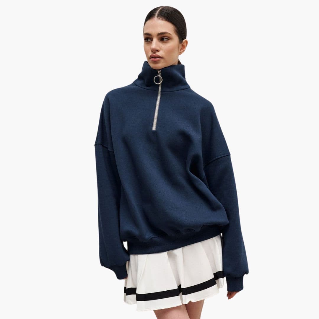 Women's cozy zip-up pullover sweater straight fit stand collar long sleeves everyday top