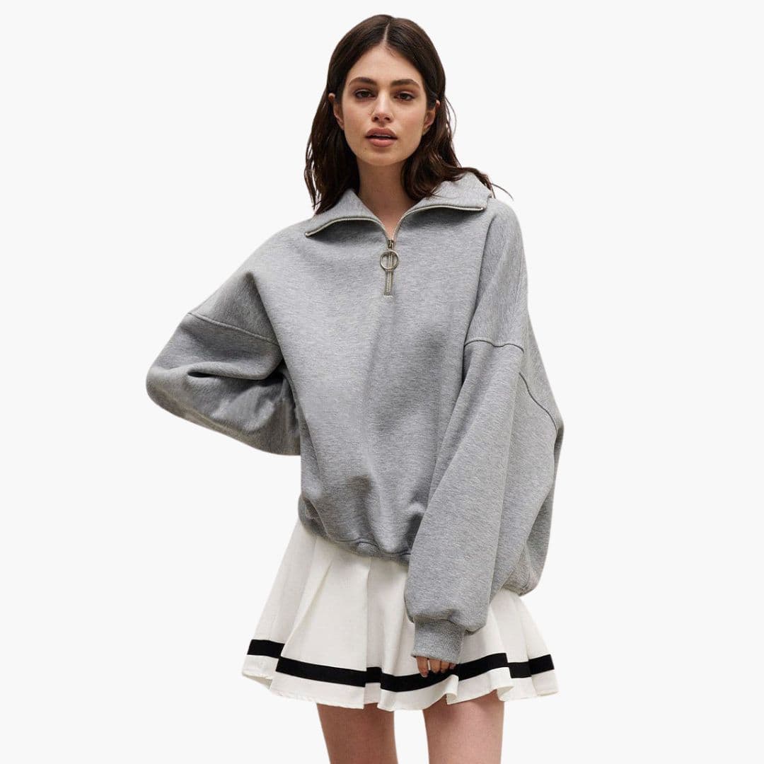 Women's cozy straight-fit pullover sweater with zip-up stand collar and dropped shoulders