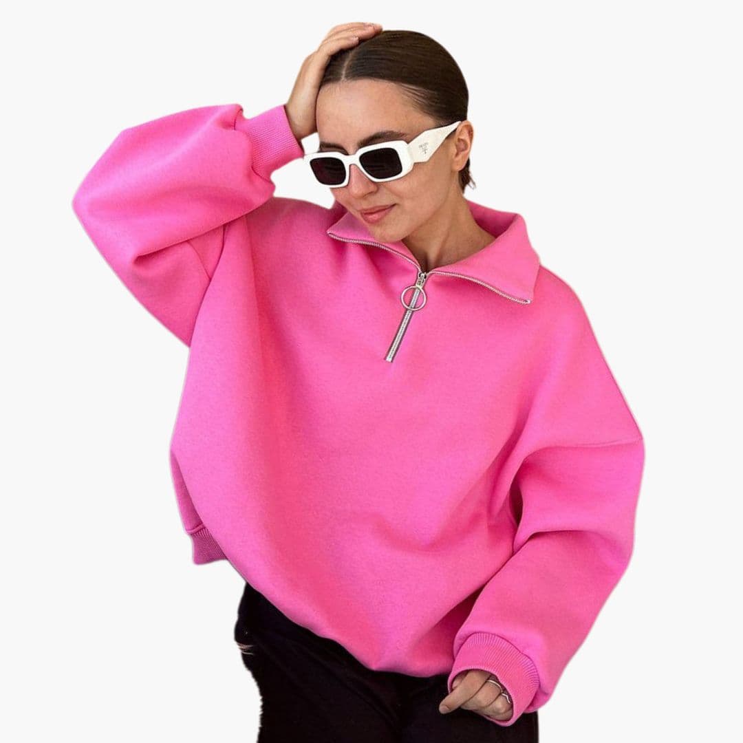 Women's cozy straight-fit pullover sweater with stand collar zip closure and long sleeves