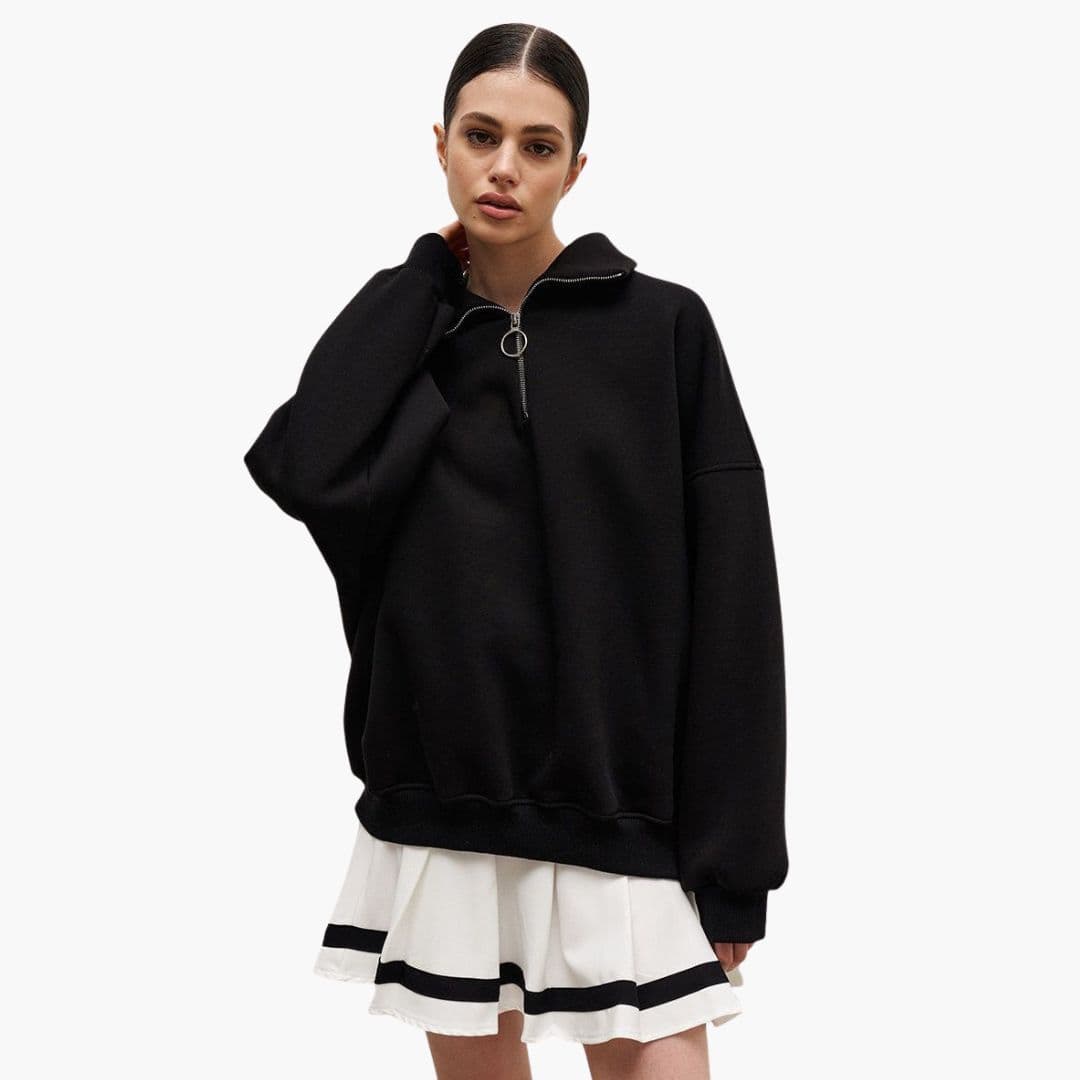 Women's cozy straight-fit pullover sweater with stand collar zip closure and long sleeves