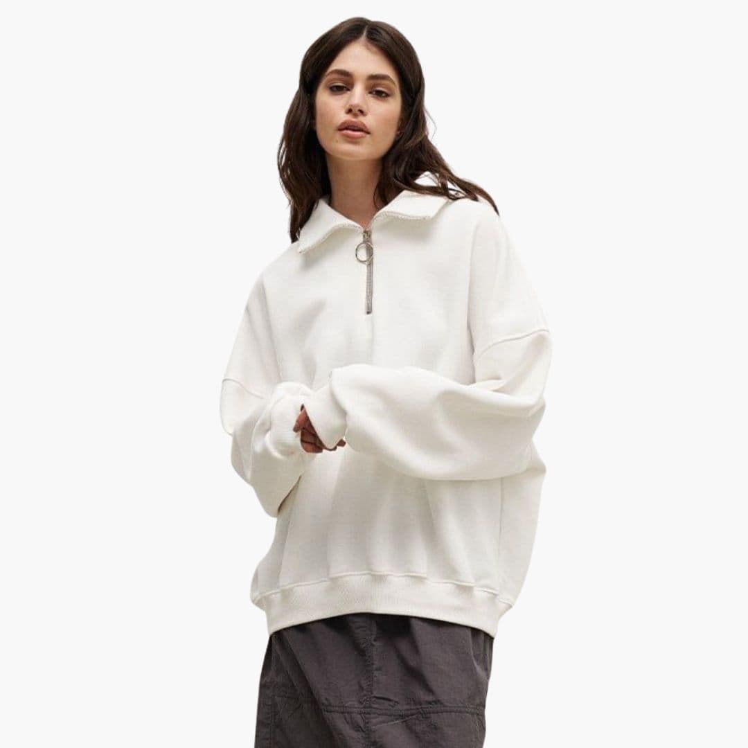 Women's cozy zip-up pullover sweater straight fit stand collar long sleeves everyday top