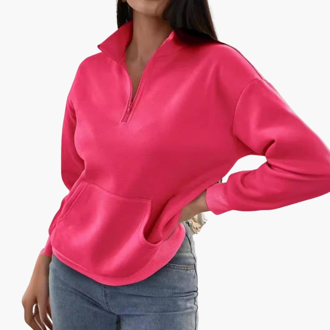 Women's zip-up stand collar sweater with front pockets, solid cozy everyday pullover for layering