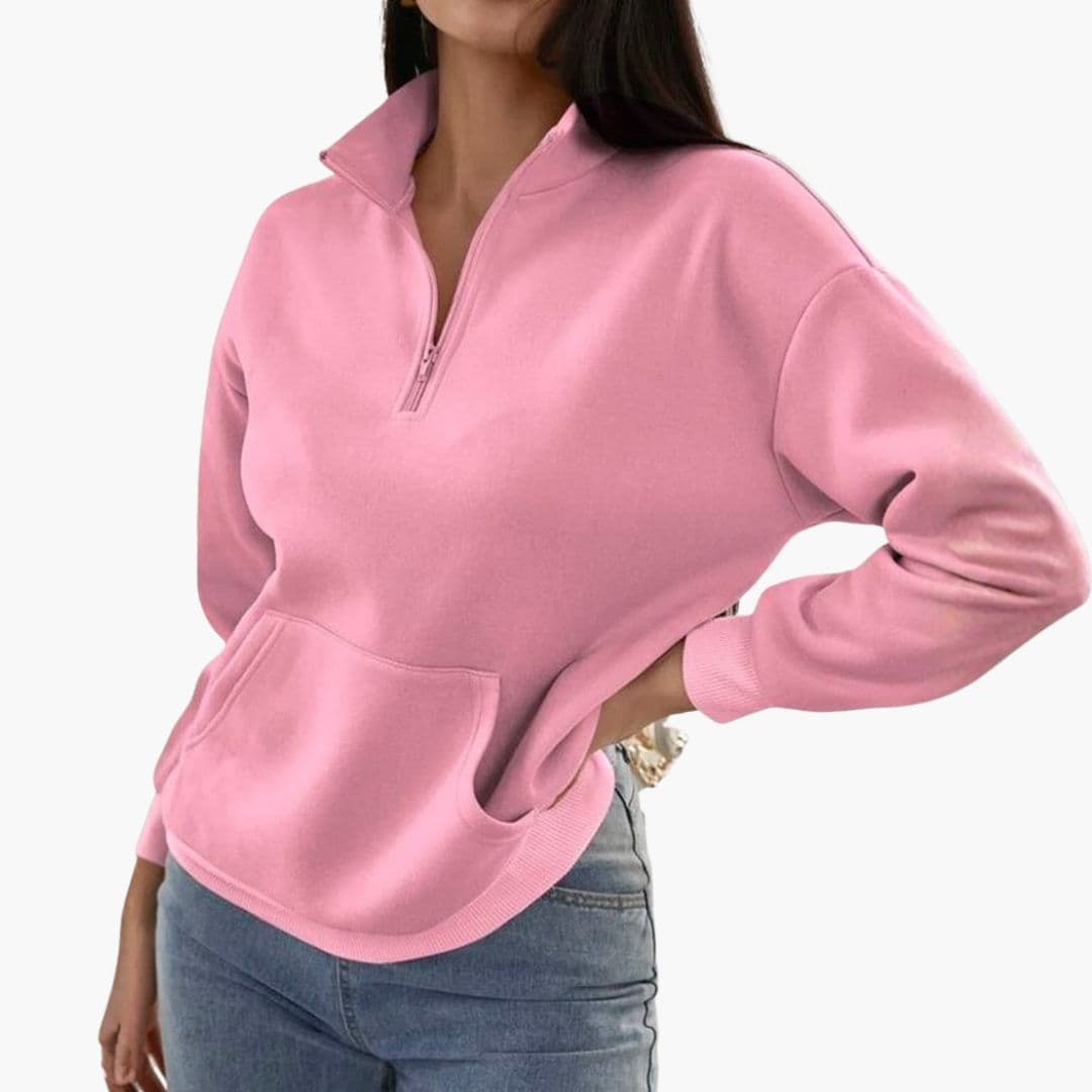 Women's burgundy zip-up stand collar sweater with front pockets, cozy minimalist everyday style