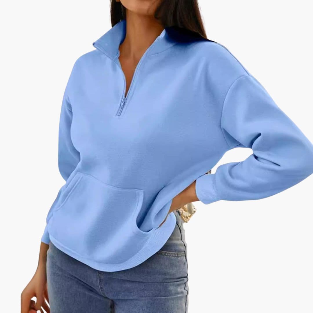 Women's solid zip-up sweater stand-up collar front pockets cozy casual fit everyday warmth