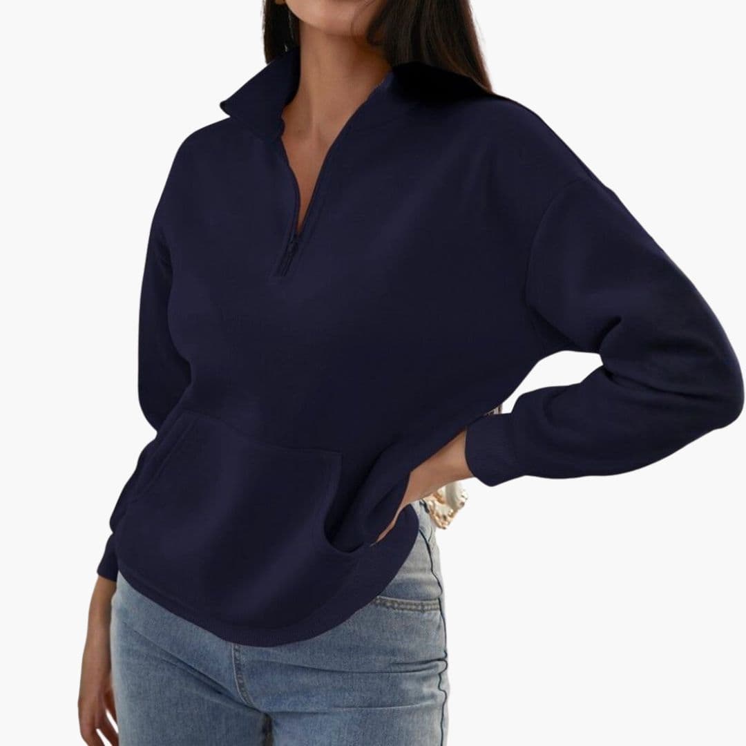 Women's zip-up stand collar sweater in solid color with front pockets, cozy casual fit
