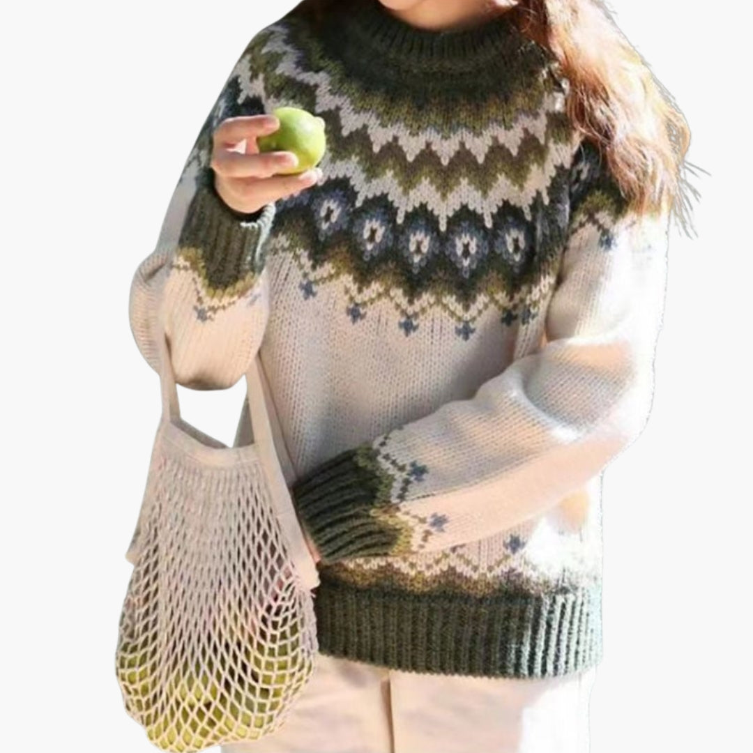 Women's cozy Nordic jacquard knit sweater multicolor yoke round neck ribbed cuffs long sleeves