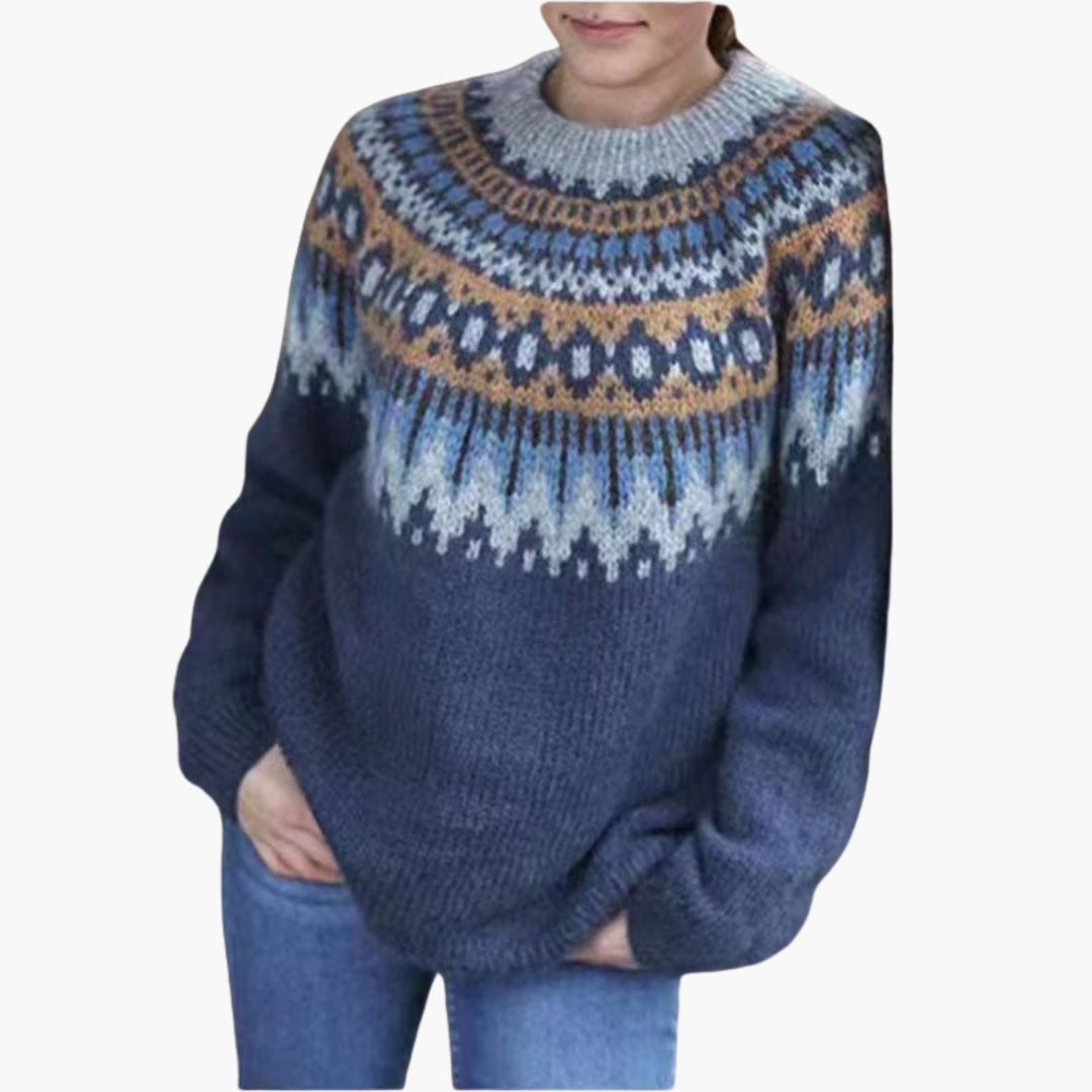 Women's multicolor Nordic jacquard knit sweater with round neck, ribbed cuffs, and cozy yoke pattern