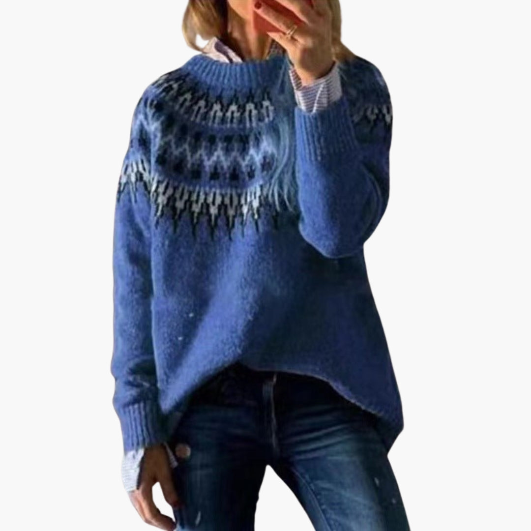 Women's multicolor Nordic jacquard knit sweater with round neck, ribbed cuffs, and patterned yoke