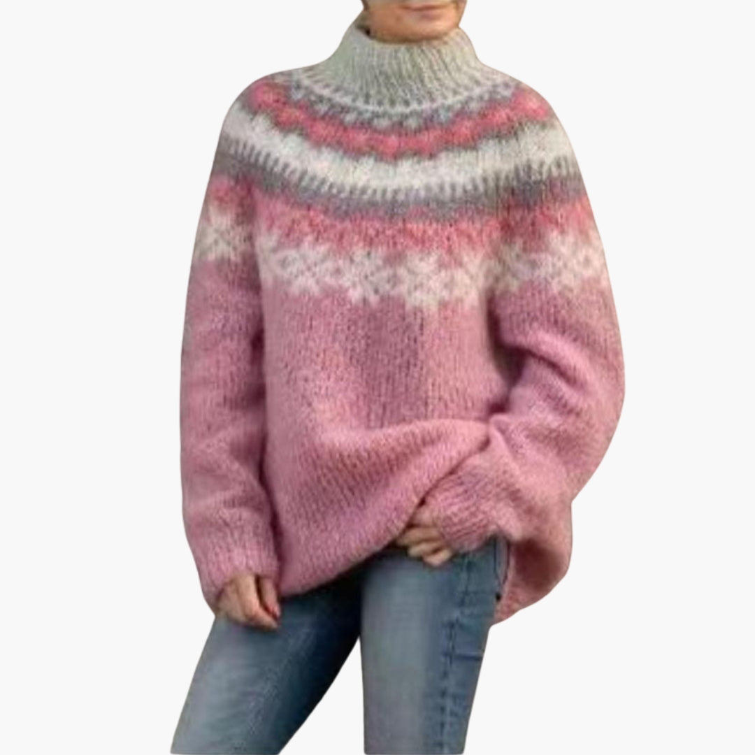 Women's multicolor Nordic jacquard knit sweater with round neck, ribbed cuffs, and patterned yoke