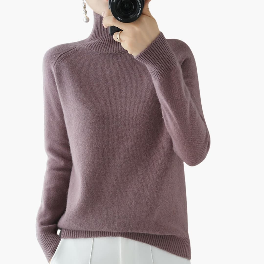 Women's ribbed turtleneck sweater with long sleeves and structured knit hem for everyday layering