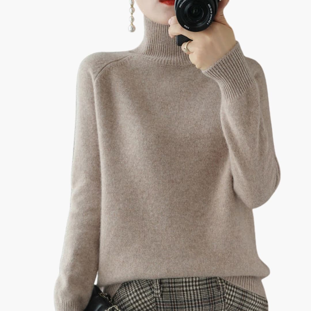 Women's ribbed turtleneck sweater with long sleeves and structured hem, versatile everyday layering essential