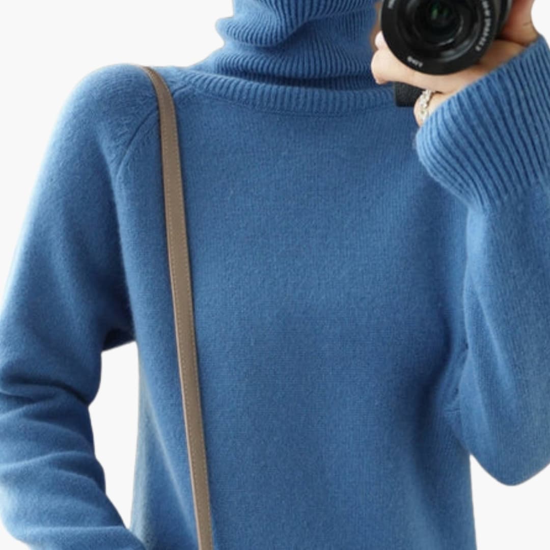 Women's cozy turtleneck sweater long sleeves ribbed cuffs fitted silhouette layering essential