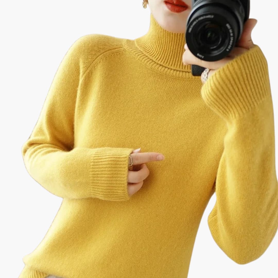 Women's beige turtleneck sweater long sleeves ribbed cuffs cozy layering knit