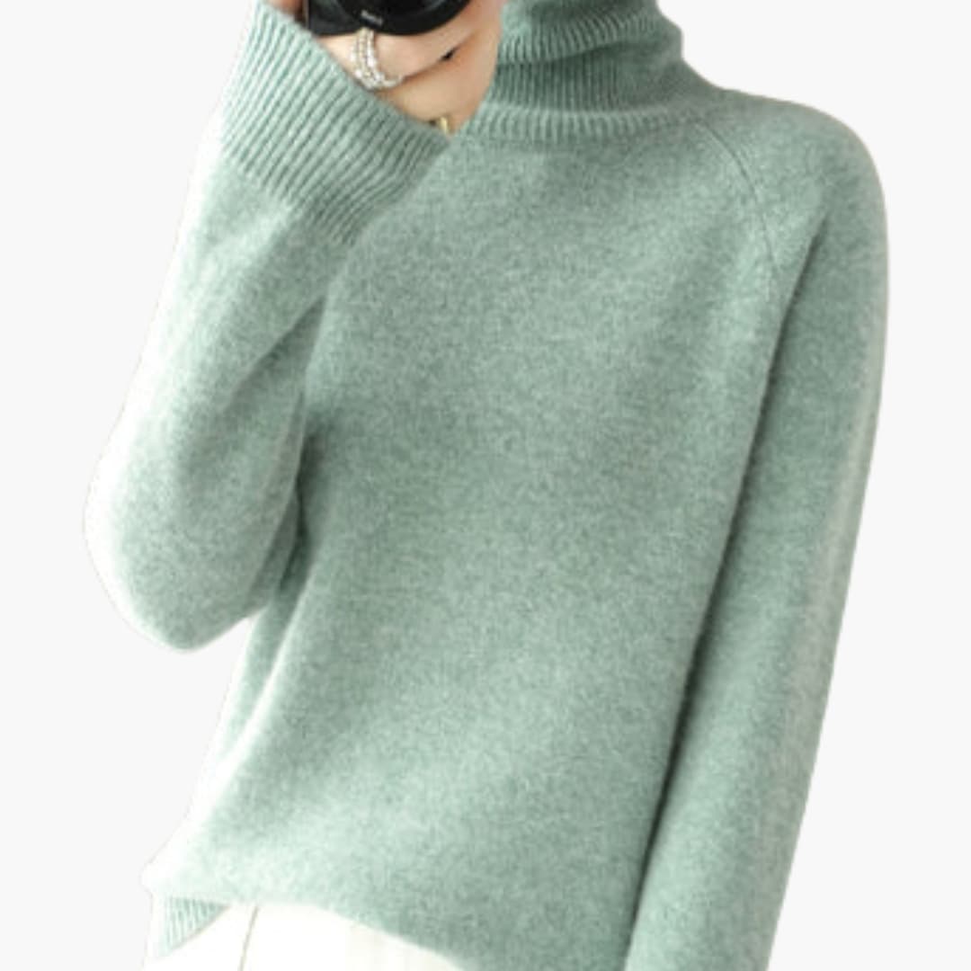 Women's beige turtleneck sweater long sleeves ribbed cuffs straight hem cozy layering knit