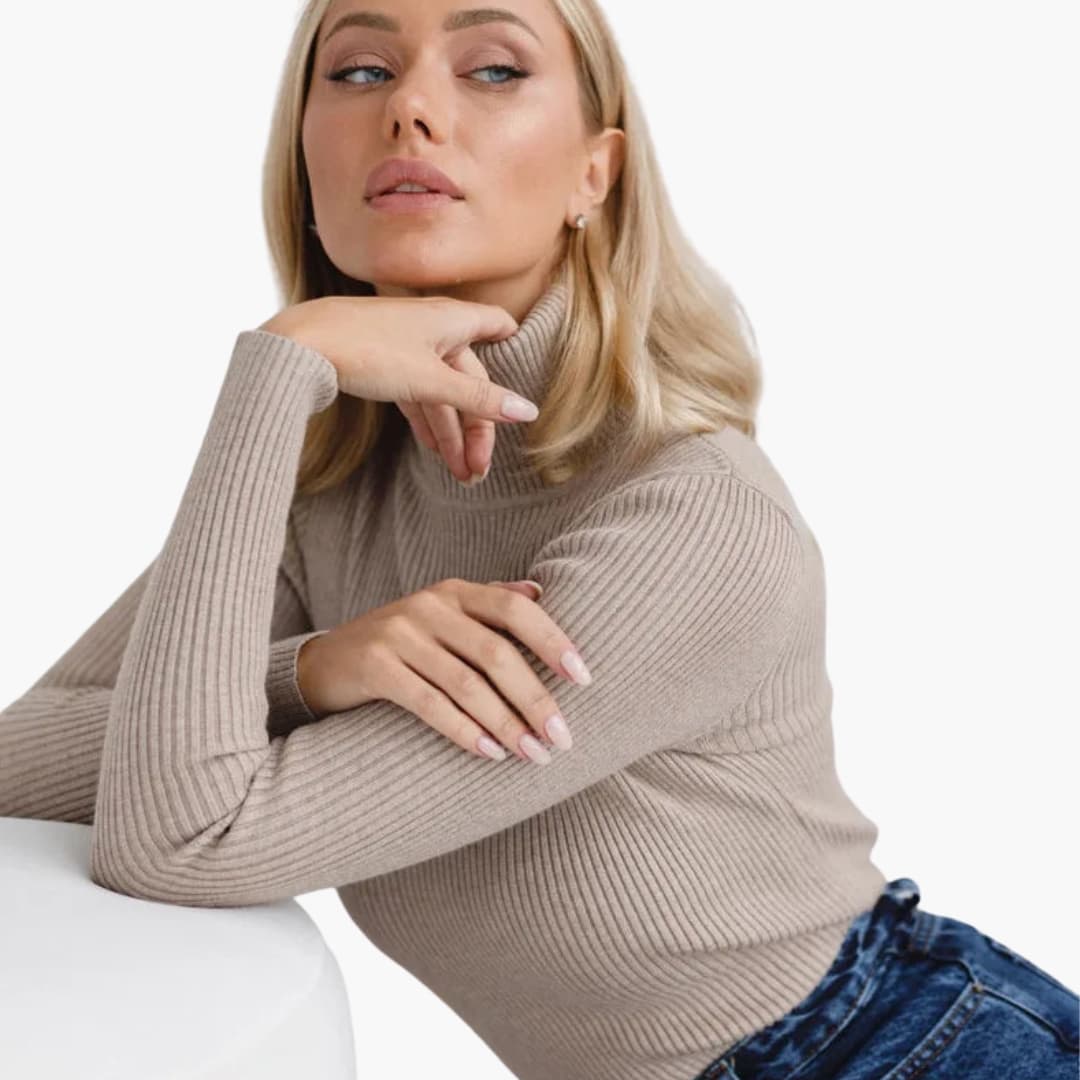 Women's fitted ribbed knit turtleneck sweater with long sleeves and high collar everyday essential