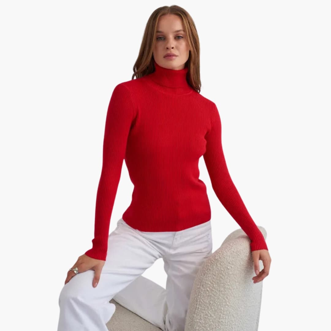 Women's fitted ribbed knit turtleneck sweater with high collar and long sleeves everyday essential