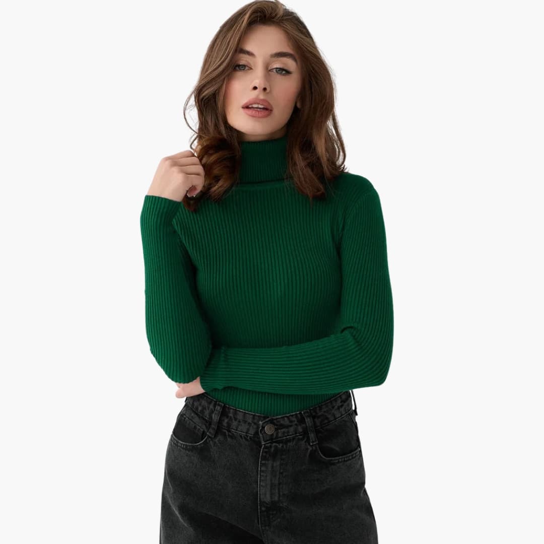 Women's fitted ribbed knit turtleneck sweater with high collar and long sleeves everyday essential